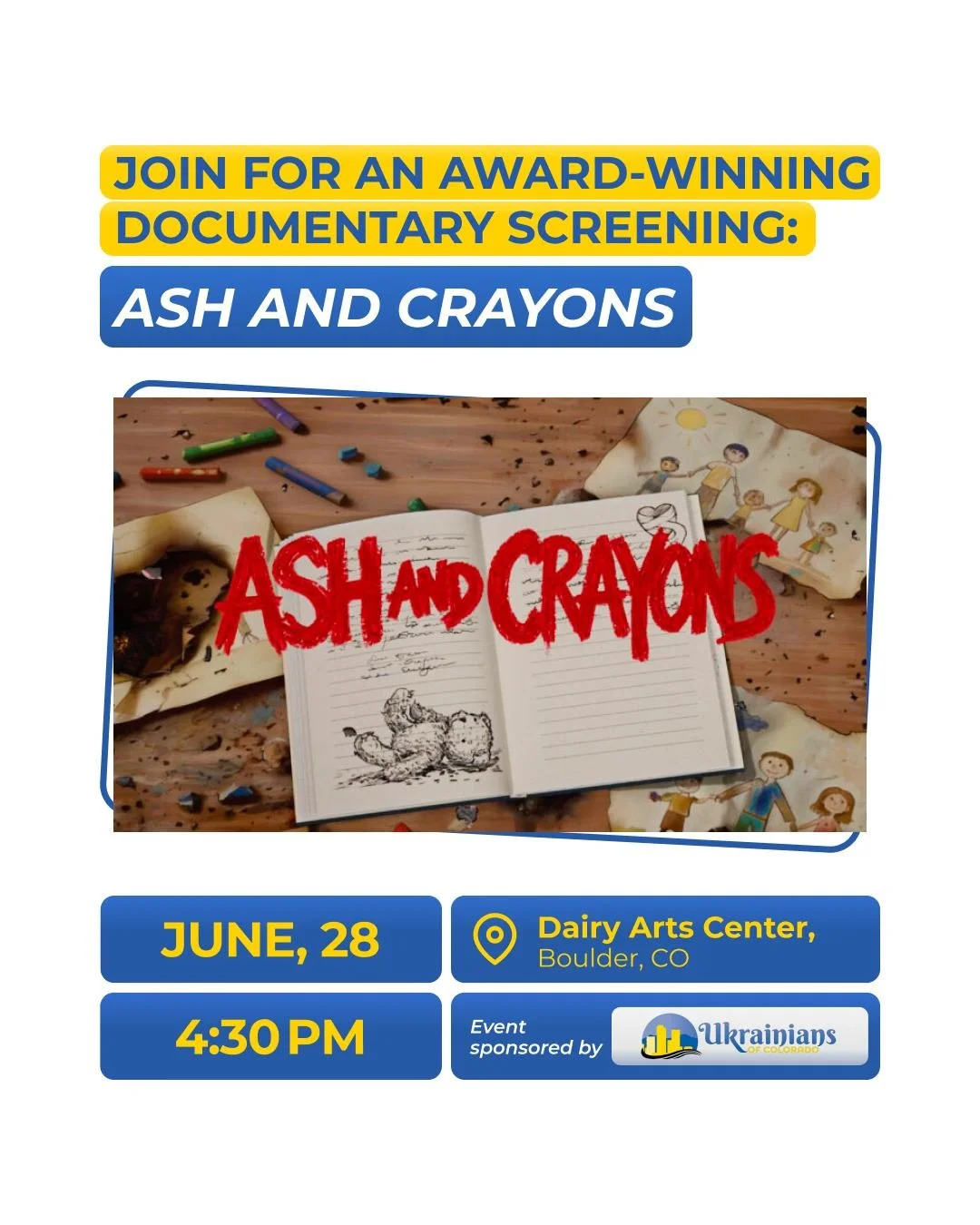 🎬 Join for an award-winning documentary screening 🇺🇦

Join @ukrainians_of_colorado for a special screening of Ash and Crayons (formerly Children in the Fire) in Boulder, Colorado.

From Oscar-nominated director Evgeny Afineevsky (@evgeny_director)