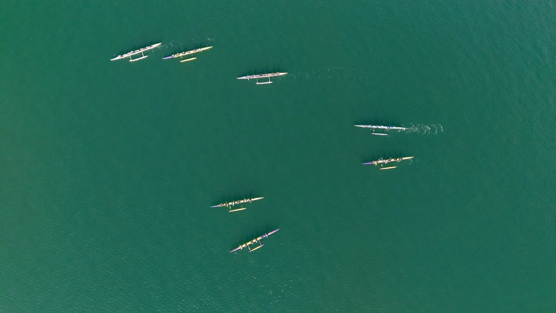 Aerial view of multiple rowing boats and kayaks on green water.