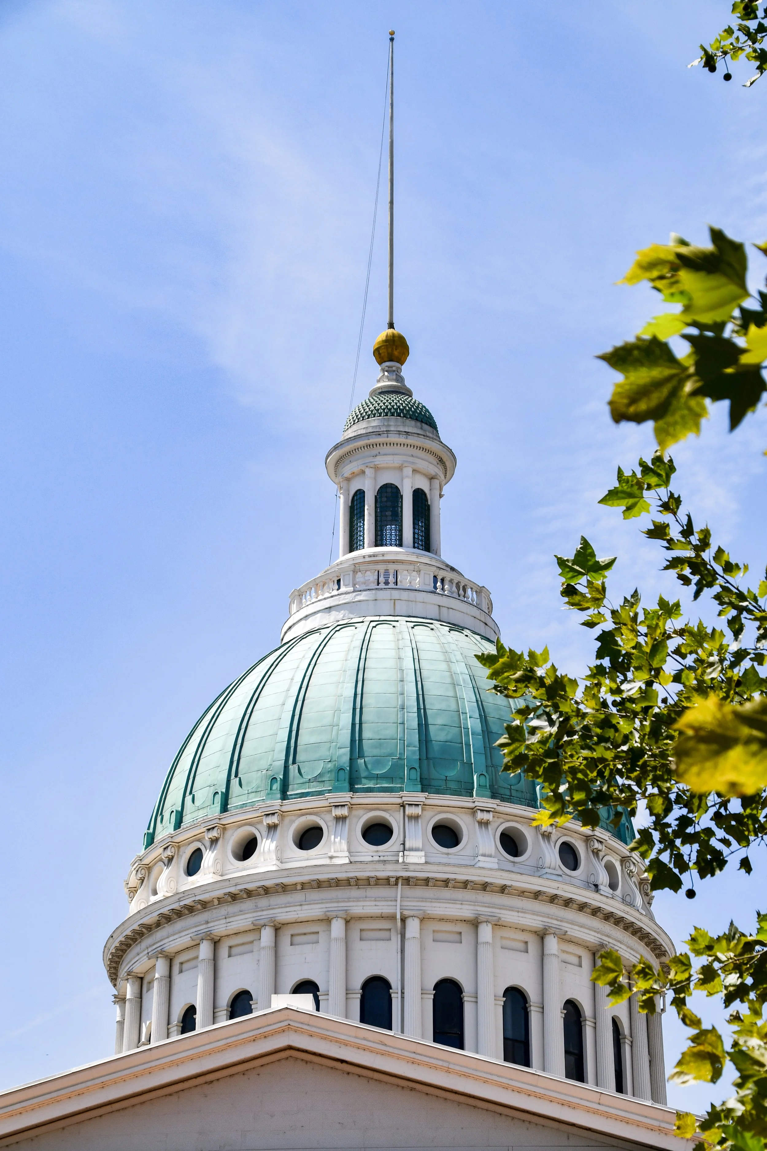The image shows the top part of a white government or historic building with a large green dome, columns, and a small cupola with arched windows. A flagpole extends from the cupola, and there are green leaves from a nearby tree on the right side of the image. The sky is clear and blue.