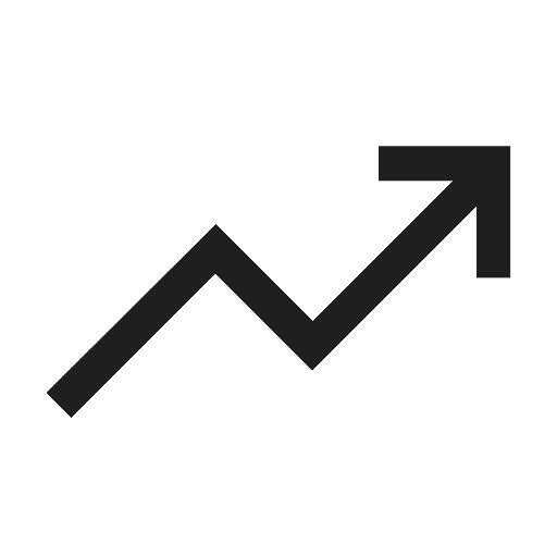 Black icon of a rising upward arrow with a small bar chart in the background.