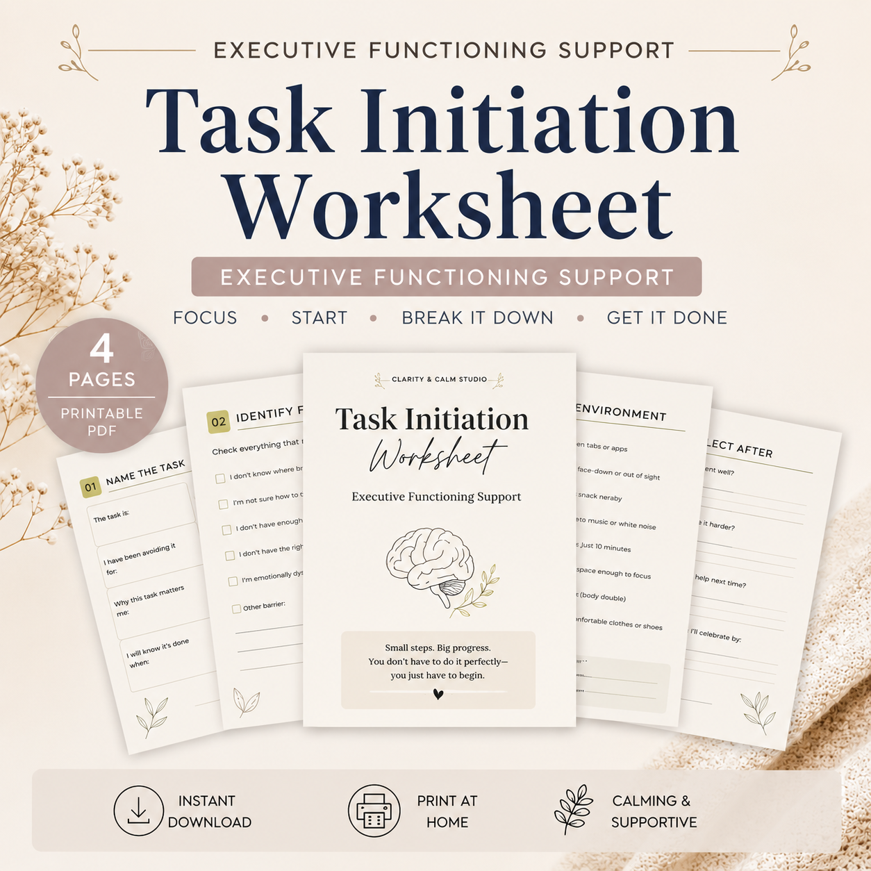 Task Initiation Worksheet — Executive Functioning Support | Printable PDF