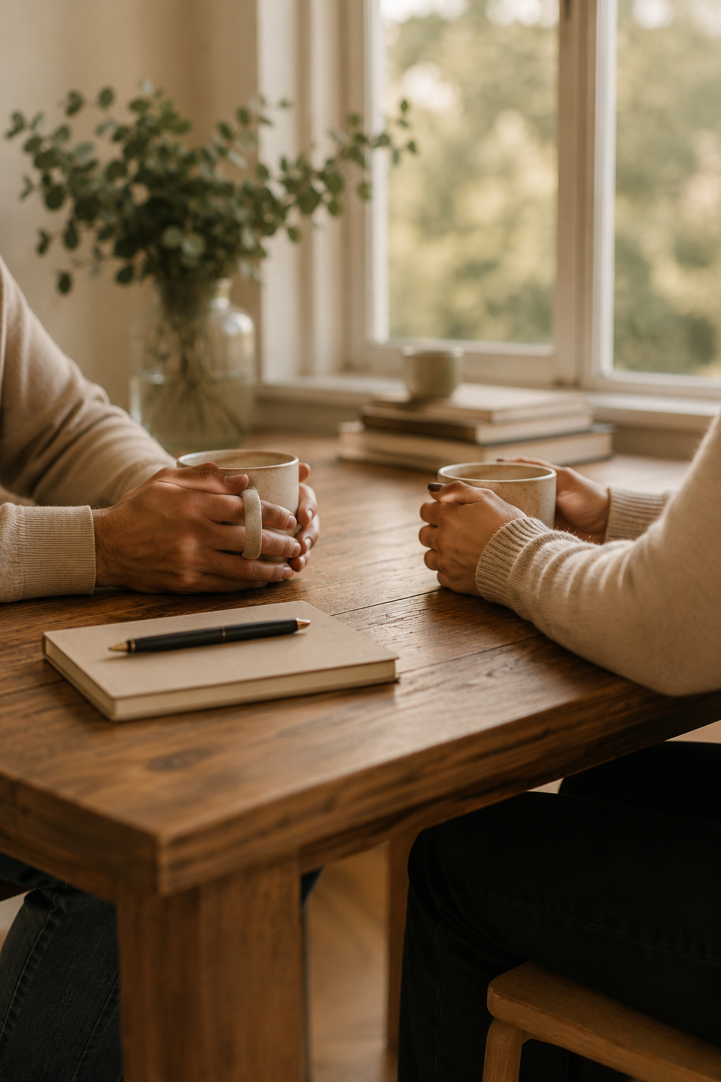 Two people sitting at a wooden table, holding coffee mugs, with notebooks and a pen on the table, in a cozy room with a large window and potted plant.