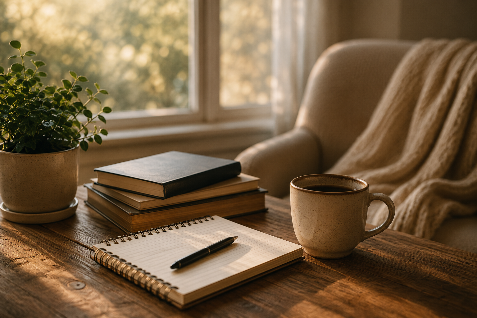 Coaching and personal growth workspace with note book and natural light.