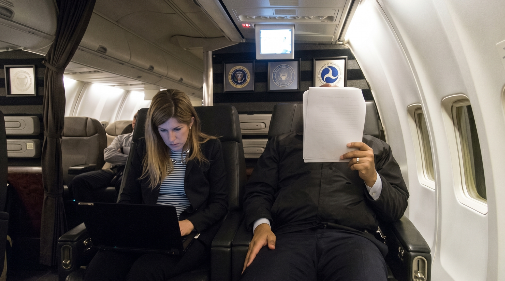 Two passengers seated in an airplane cabin. The woman on the left is working on a laptop, and the man on the right is holding a sheet of paper over his face, sitting near the airplane window.