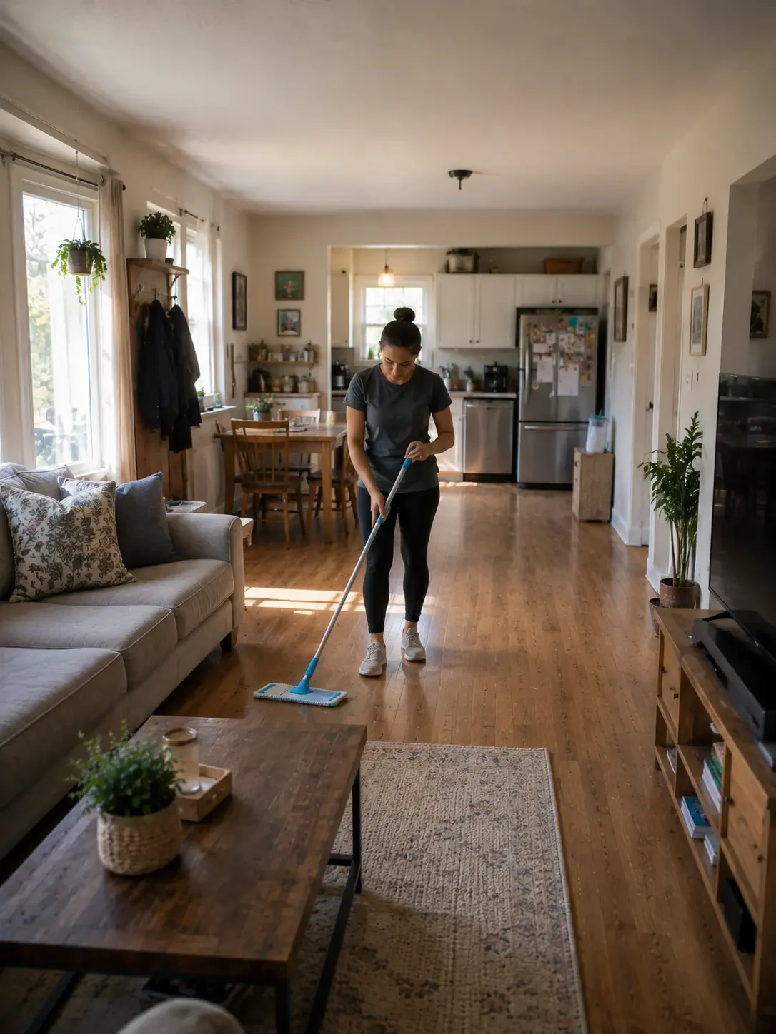 Woman cleaning the wooden floor in a living room with a mop.