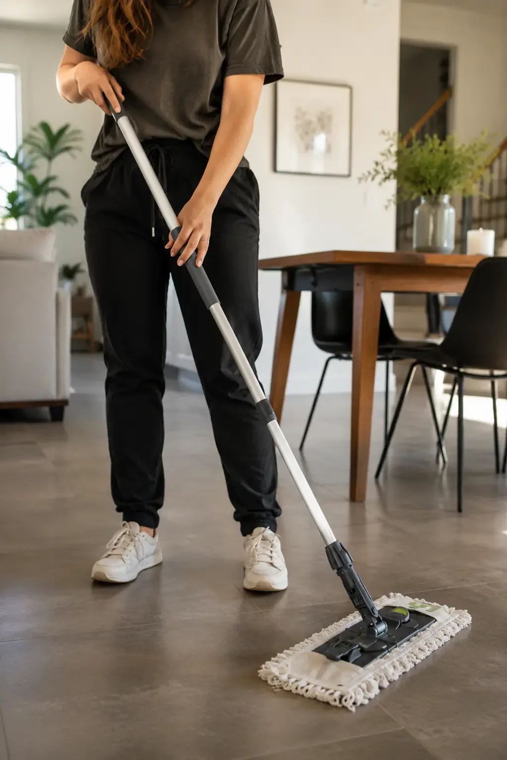 Woman mopping hardwood floor in modern home kitchen and dining area.