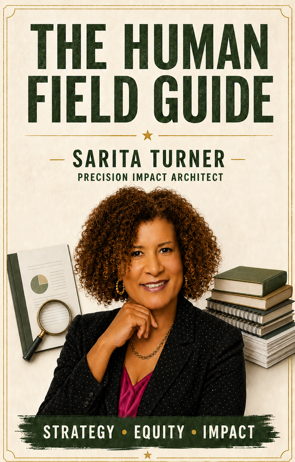 Human Field Guide portrait of Sarita Turner with books and research materials