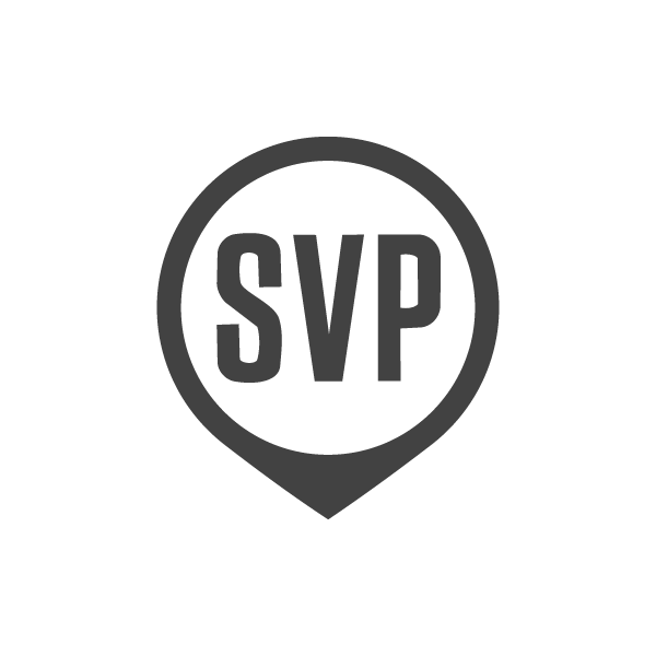 Logo with a circular emblem containing the initials 'SVP' inside a map pin-shaped outline.