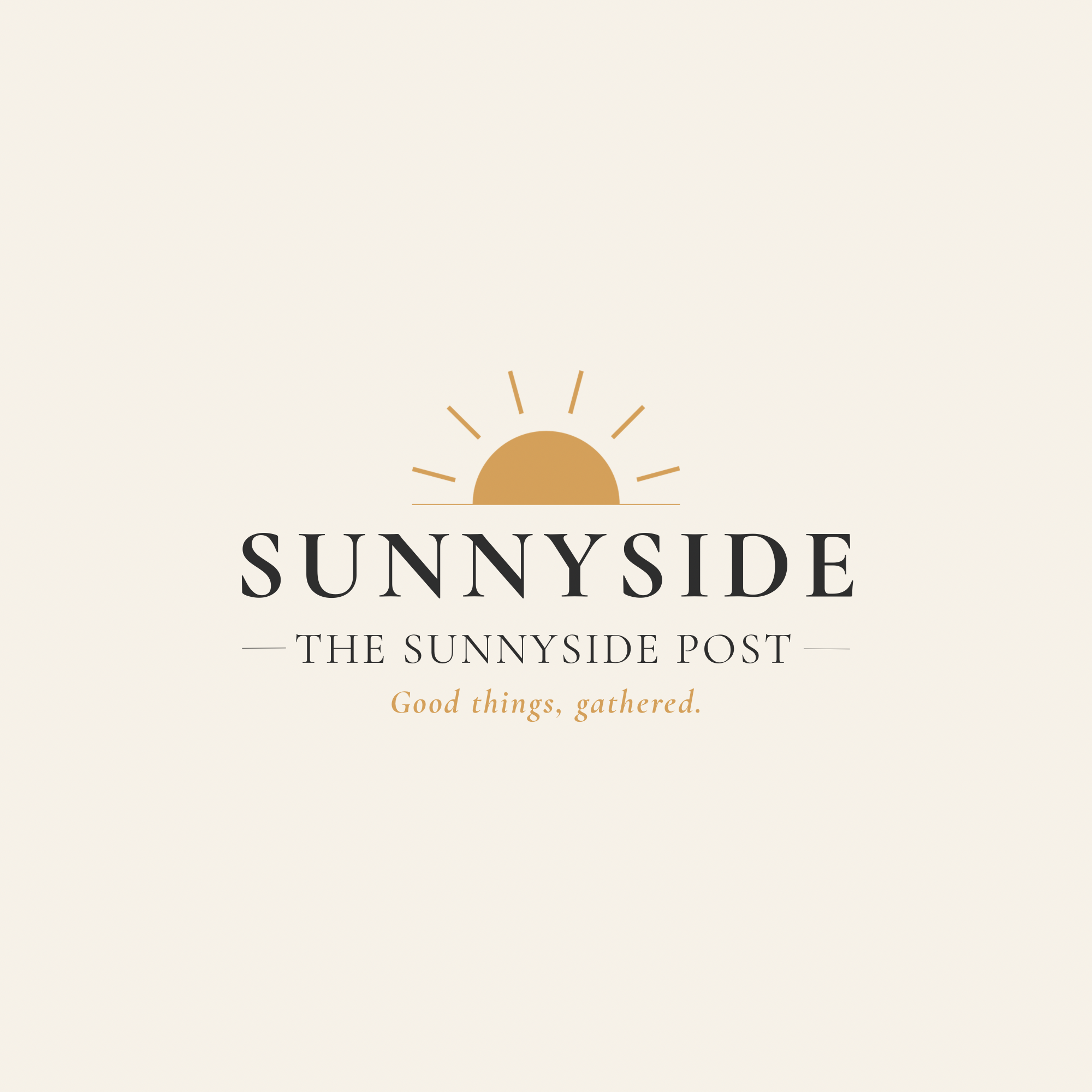 A logo with a stylized sun rising over the horizon, and the text 'SUNNY SIDE' with a tagline 'The Sunny Side' below, along with the phrase 'Good things, gathered' in cursive.