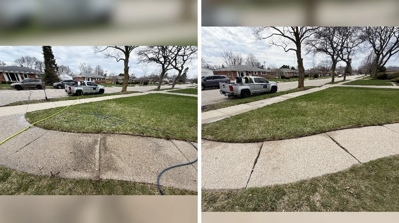 Side-by-side photos of a residential yard with a sidewalk, showing before and after cleaning or edging of the grass and pavement.
