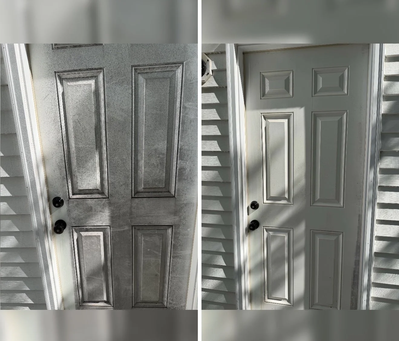 Comparison of two front doors, left door appears older with a weathered, dirty surface, right door looks recently painted or cleaned with a fresh, light color.