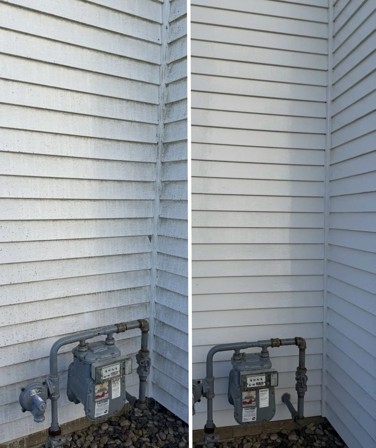 Comparison of a house exterior corner before and after cleaning, showing white siding with dirt and grime on the left and clean siding on the right, with gas meters and pipes at the bottom.