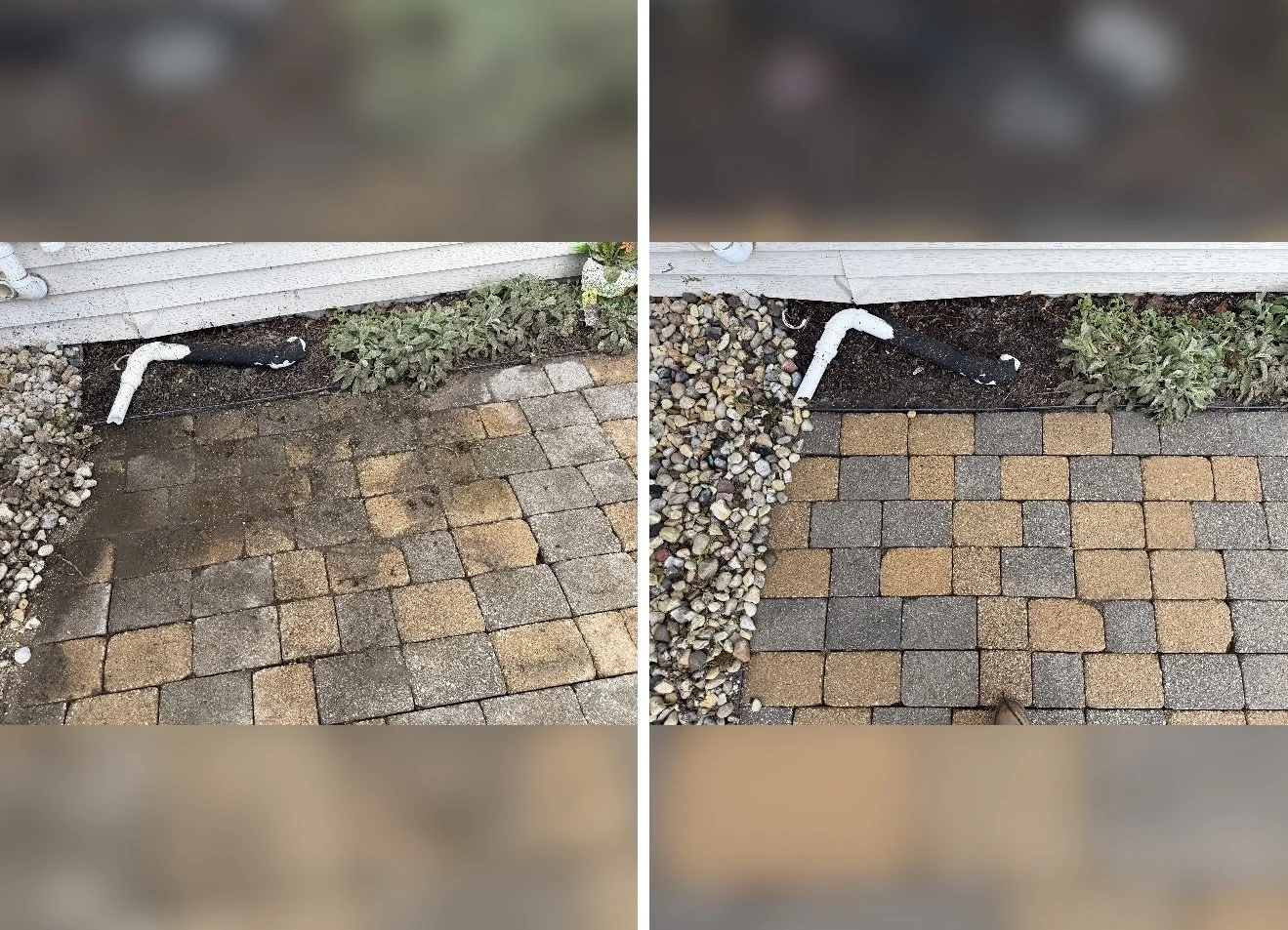 Before and after images showing a section of outdoor patio with brick pavers and a white house siding wall, highlighting the repair of a damaged or disconnected white PVC pipe and black pipe near the ground.