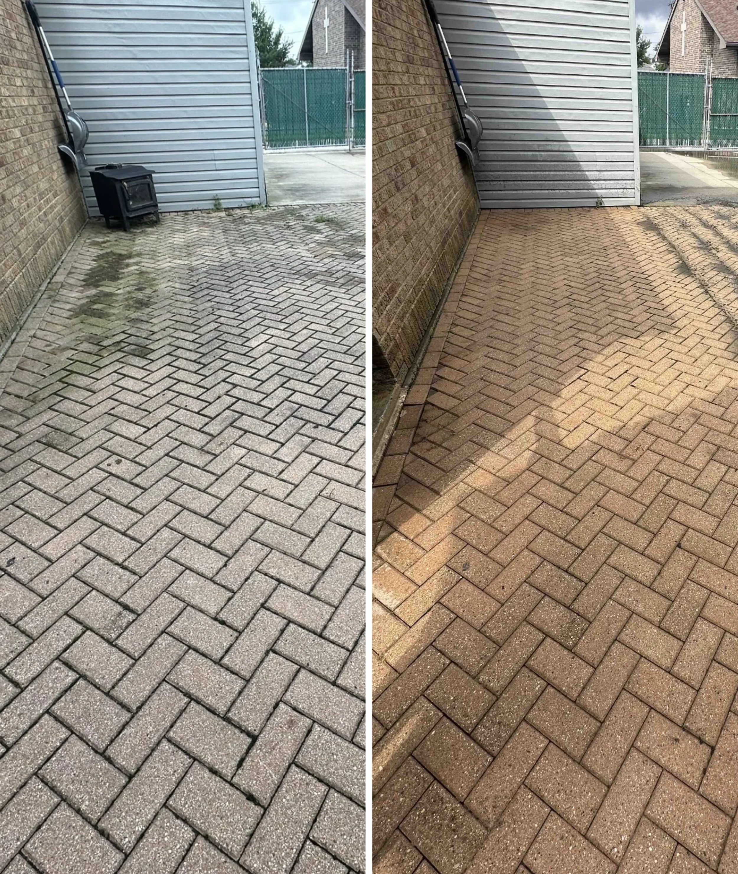 Comparison of outdoor brick pavement with grass and houses in the background, shown on the left before cleaning and on the right after cleaning, highlighting the difference in dirt and grime removal.