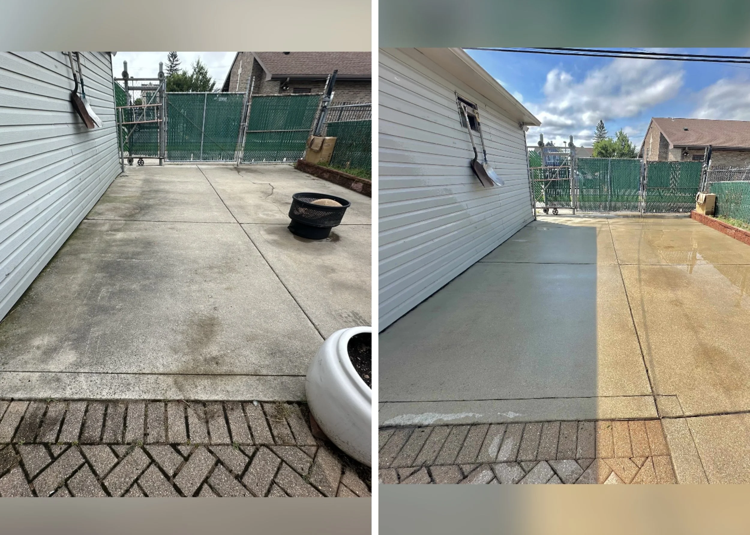 Comparison of a concrete patio before and after cleaning, with the left showing a dirty patio and the right showing a clean, wet surface under partly cloudy sky.