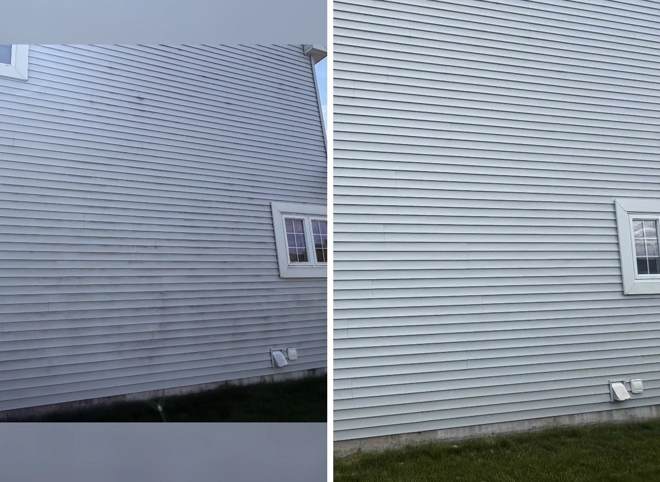 Comparison of house siding before and after cleaning, showing a clean, white exterior with a window and foundation vent.