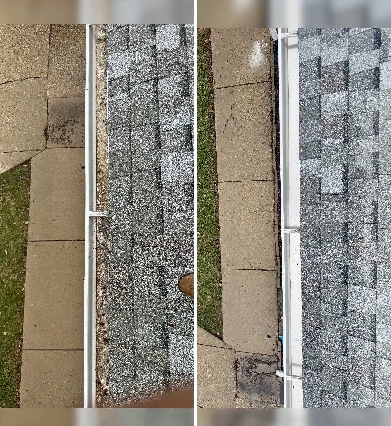 Comparison of a damaged and repaired section of a house's exterior wall and gutter.
