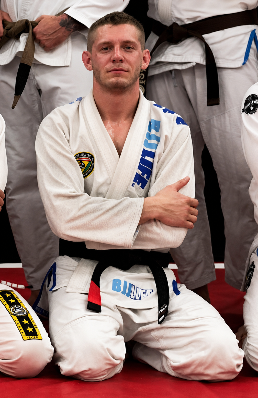 A man wearing a white Brazilian Jiu-Jitsu gi with black and red belt, kneeling on a red mat, surrounded by other practitioners in gi uniforms.