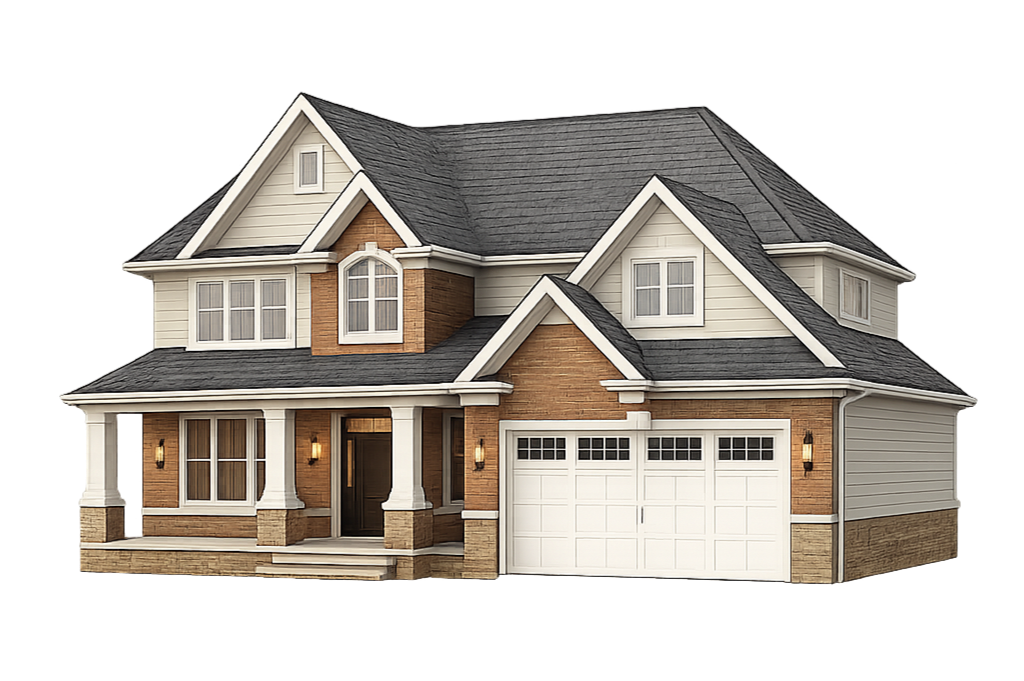 A two-story house with a gabled roof, brick and white siding exterior, front porch with columns, and an attached two-car garage.