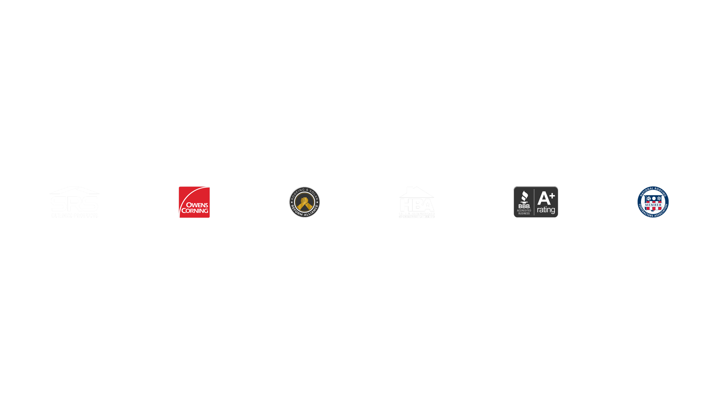 Black background with logos of construction and roofing companies and organizations at the bottom, including SRS Building Products, Owens Corning, Rebuilding Together, HBA, BBB, and the National Roofing Contractors Association.