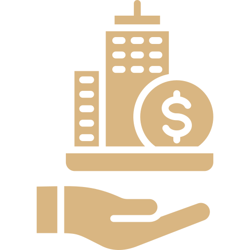 Icono de una mano sosteniendo un edificio y un símbolo de dólar.