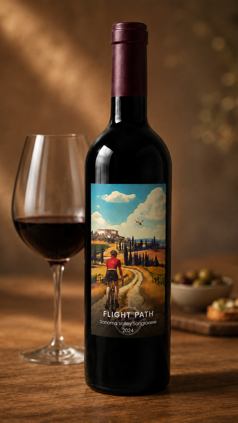 Flight Path 2024 Sangiovese with a glass and snacks