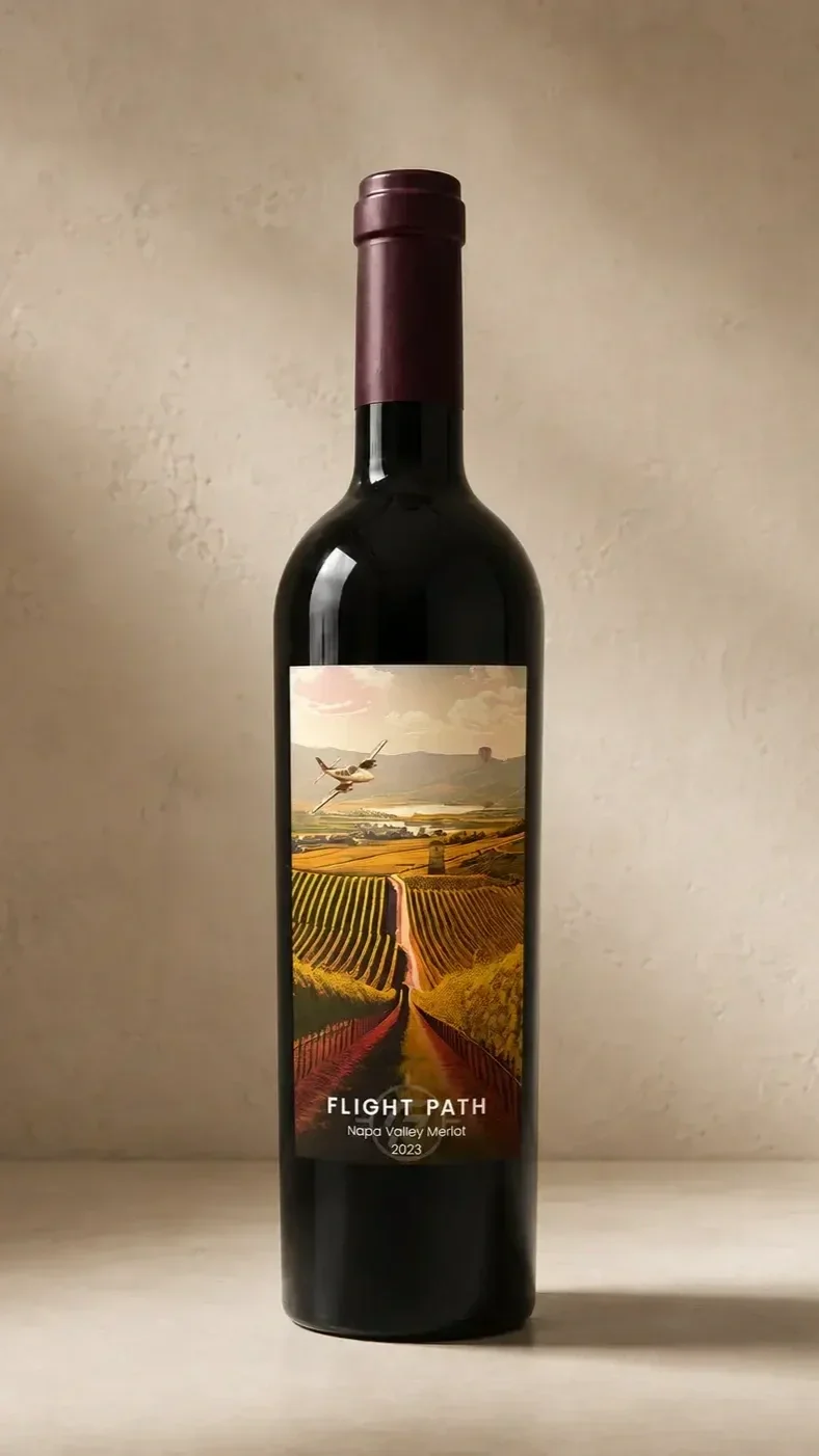2023 Merlot Bottle on a beige background with lighting
