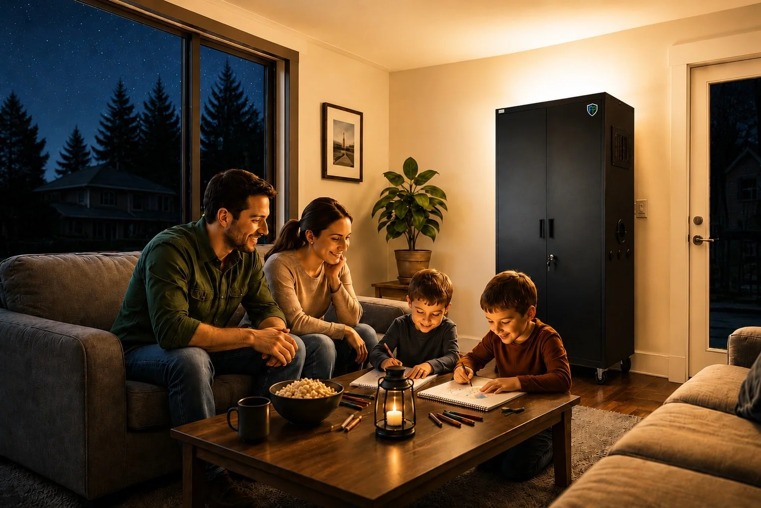 Family gathered in a living room during an evening power outage.