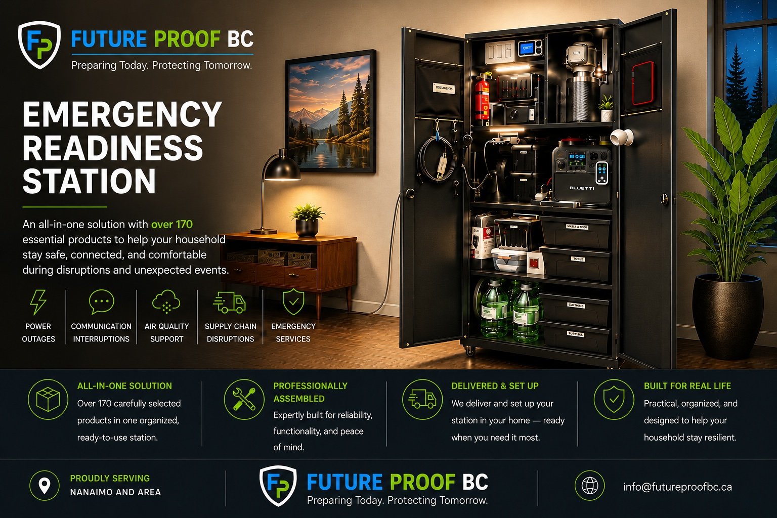 Future Proof BC Emergency Readiness Station with organized emergency supplies in a black storage cabinet.