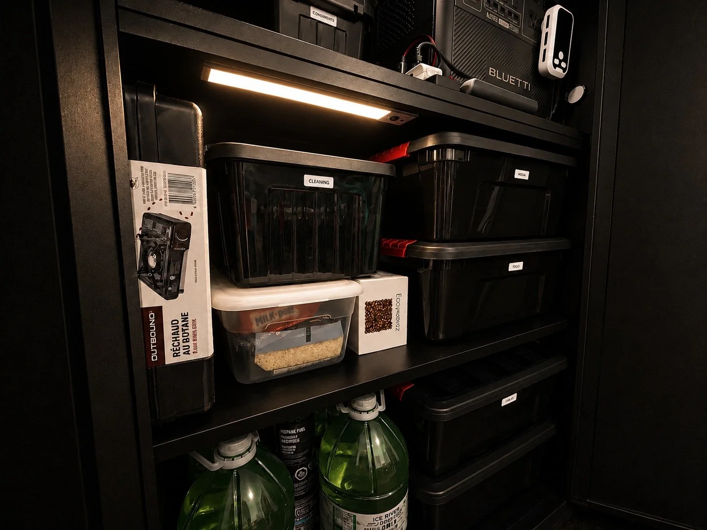 Lower section of the Emergency Readiness Station with organized food, water, and emergency supplies.