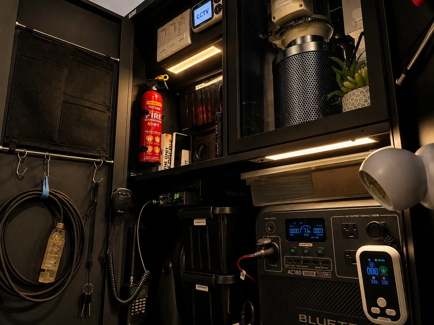 Upper section of the Emergency Readiness Station with organized communication, safety, and power equipment.