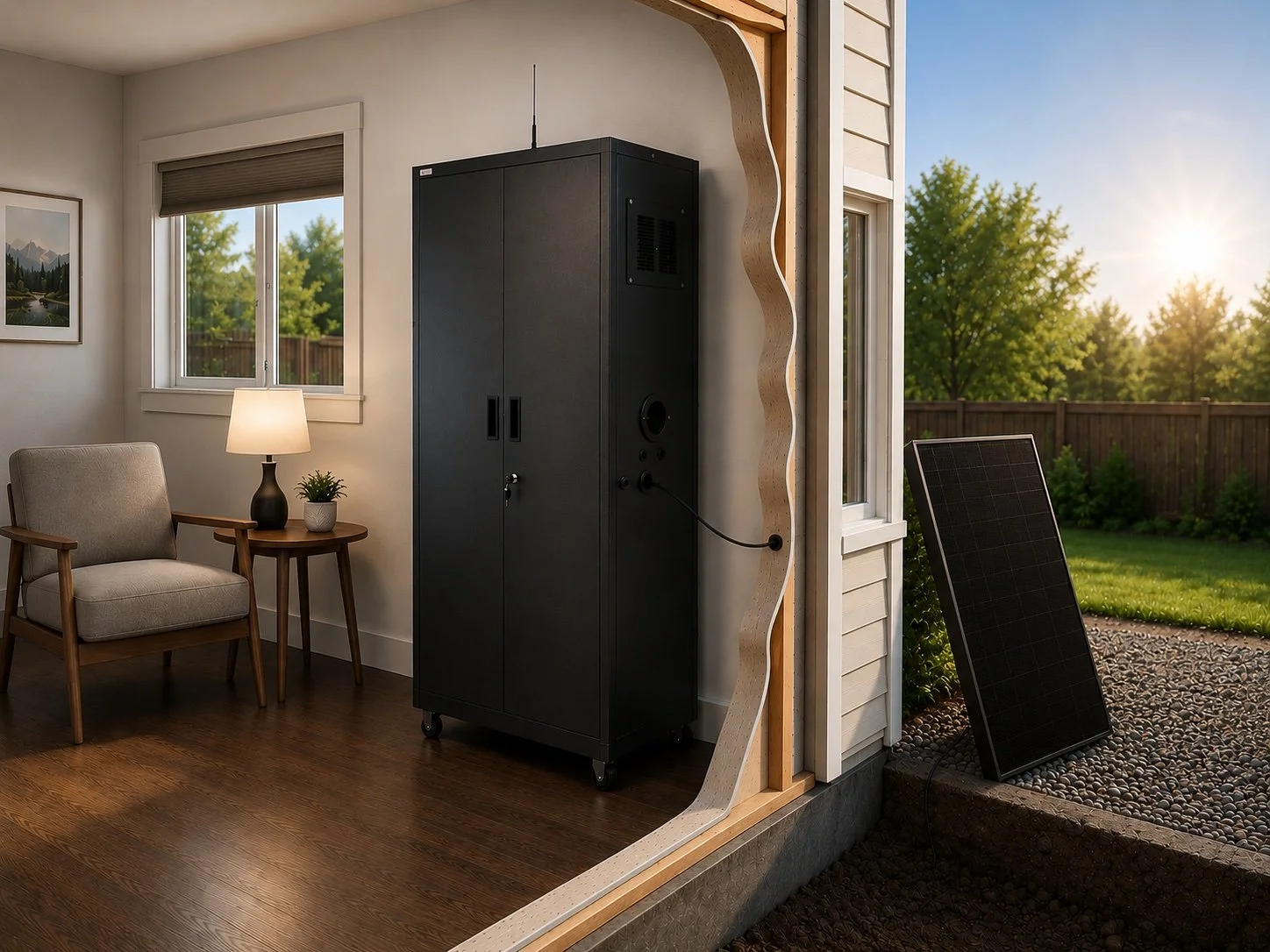 Emergency Readiness Station connected to a solar panel outside the home.