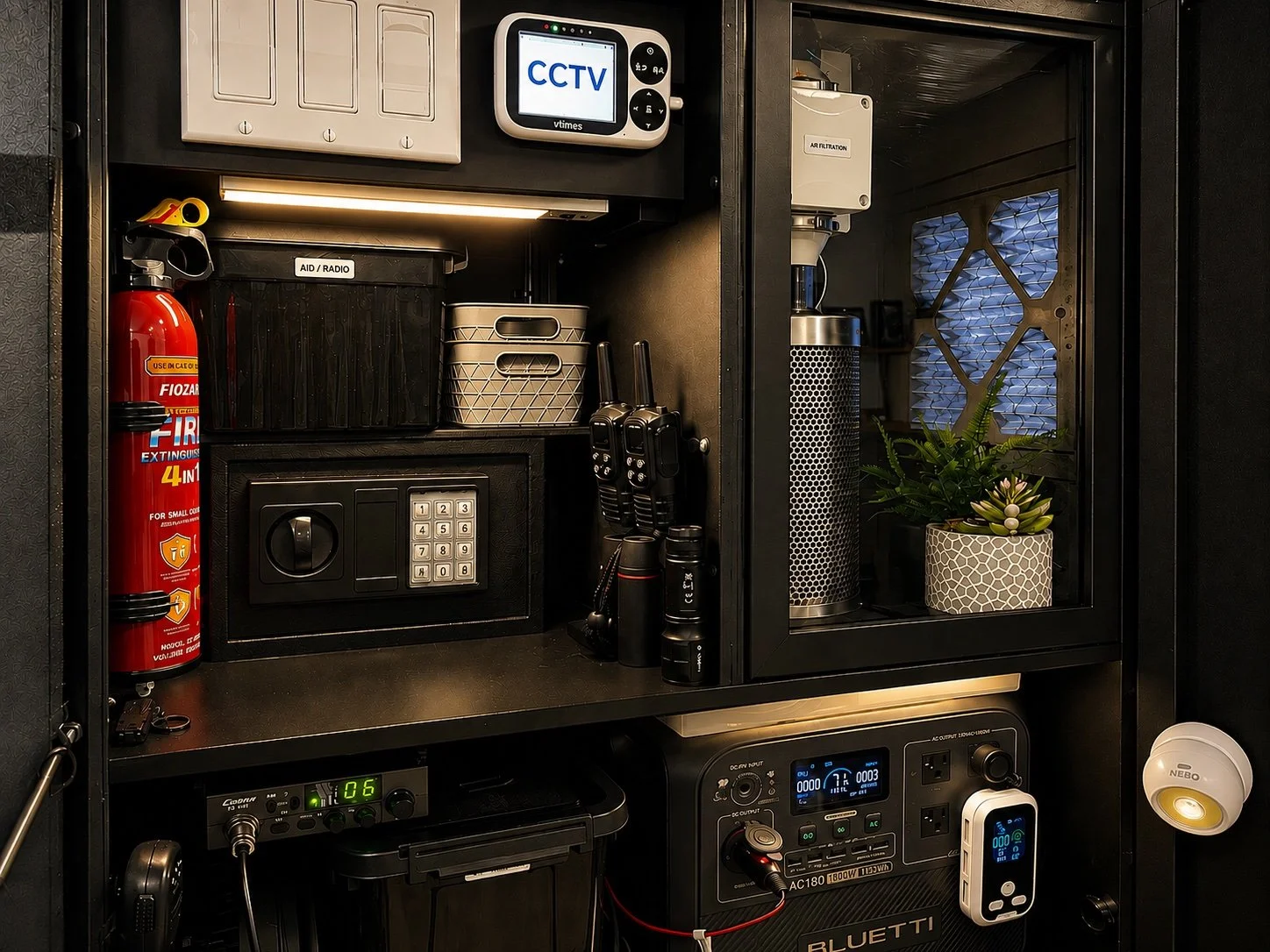 Open Emergency Readiness Station with organized power, communication, safety, and emergency supplies.