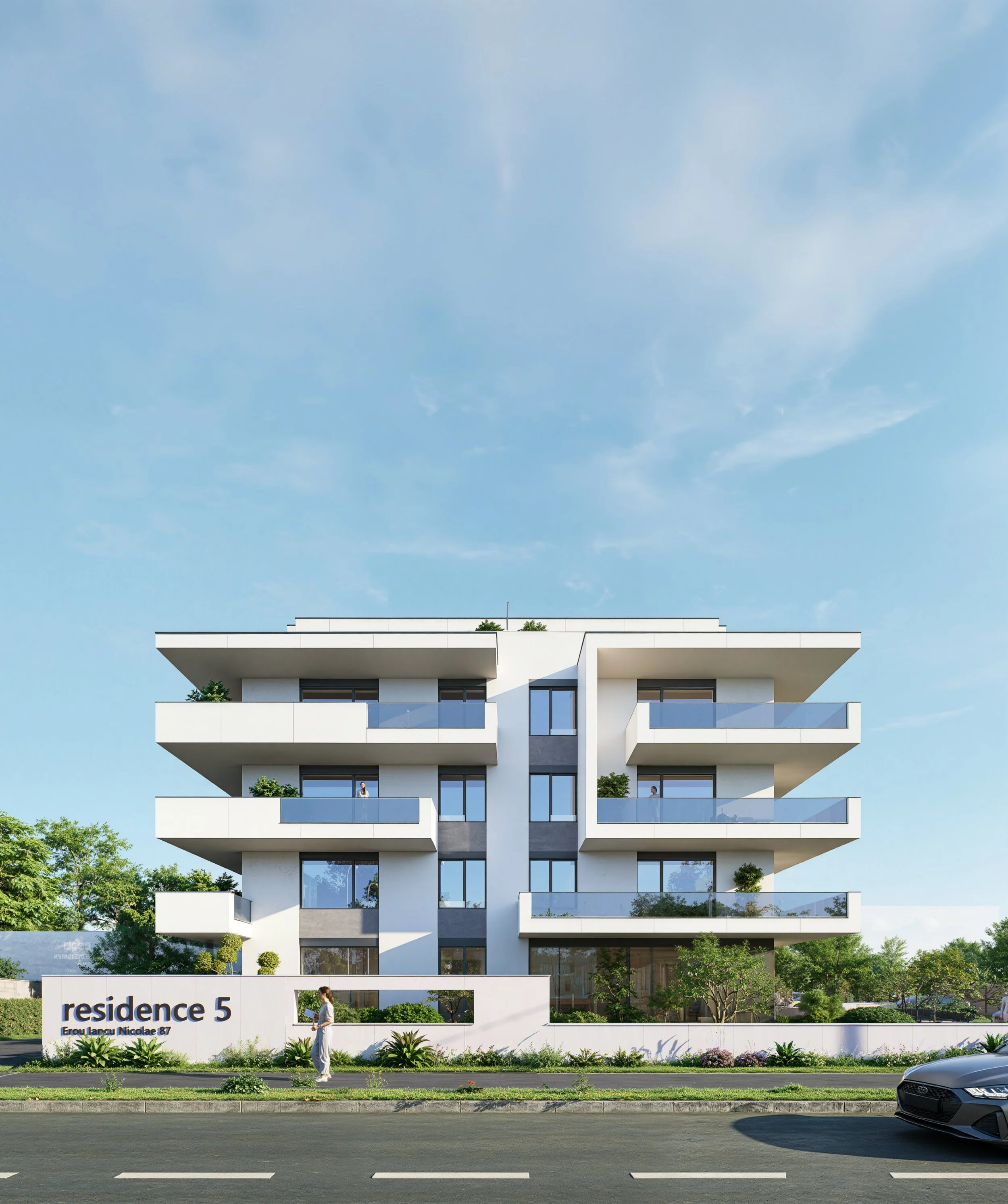 Modern white multi-story residential building with balconies and greenery on the balconies, situated alongside a street with a black car parked. The building has a sign that reads "residence 5" and "Erou Lançu Nicolae 87". There are two people walkin