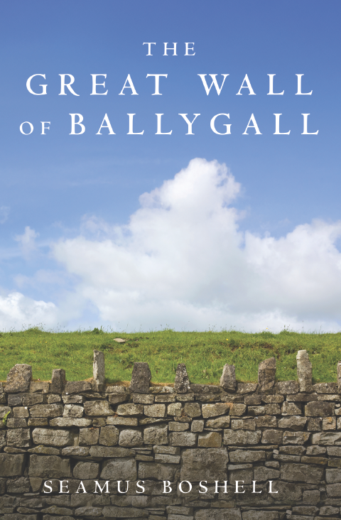 Book cover titled 'The Great Wall of Ballygall' by Seamus Boshell, featuring a stone wall under a blue sky with clouds.