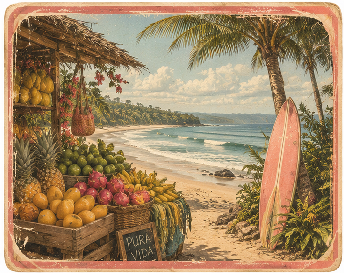 Tropical beach with a small fruit stand, a surfboard, palm trees, and ocean waves.