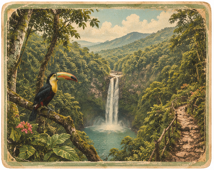 A lush jungle scene with a waterfall in the background, a toucan perched on a branch in the foreground, and a rocky trail to the right.