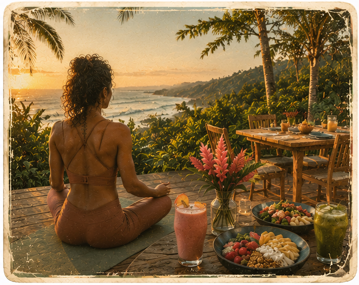A woman practicing yoga on a wooden deck overlooking the ocean at sunset, with a table of breakfast foods including smoothies and fruit nearby in a tropical setting.
