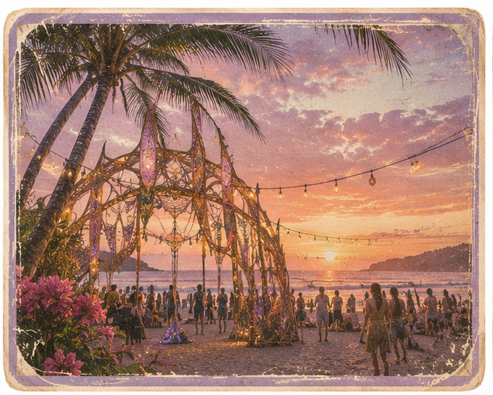 Beach scene at sunset with a large decorative arch, palm trees, and string lights, people gathered and enjoying the view.