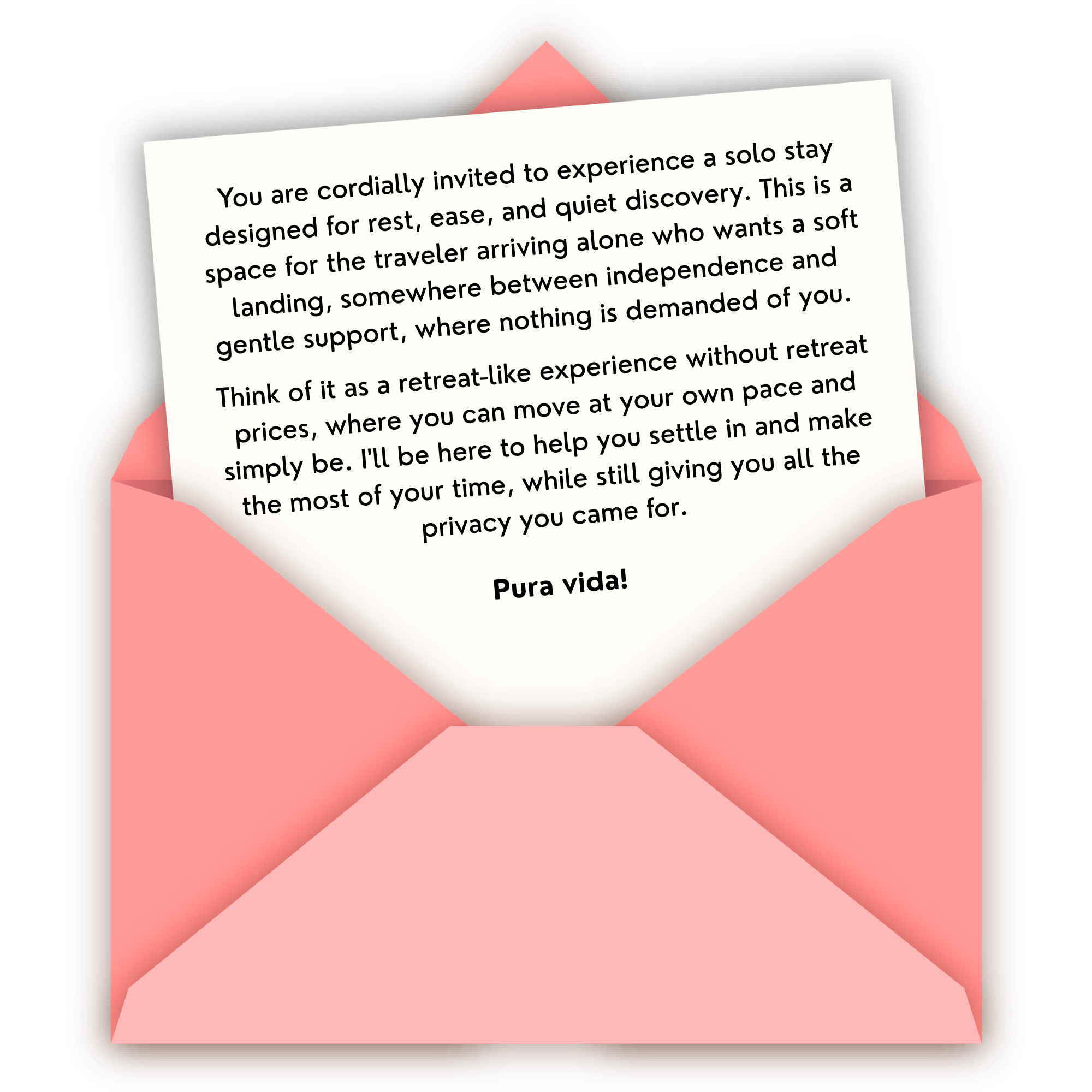 A pink envelope holding a letter that invites the recipient to experience a retreat for rest and quiet discovery, emphasizing independence and self-support.