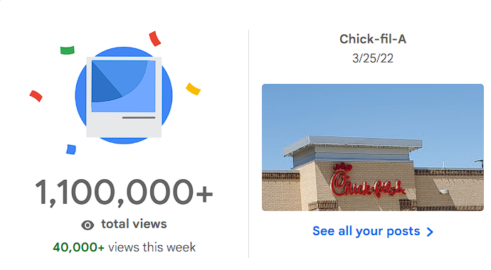 Social media analytics showing over 1.1 million total views and 40,000 views this week, with a Chick-fil-A post from March 25, 2022, featuring a building with the Chick-fil-A logo on the roof.