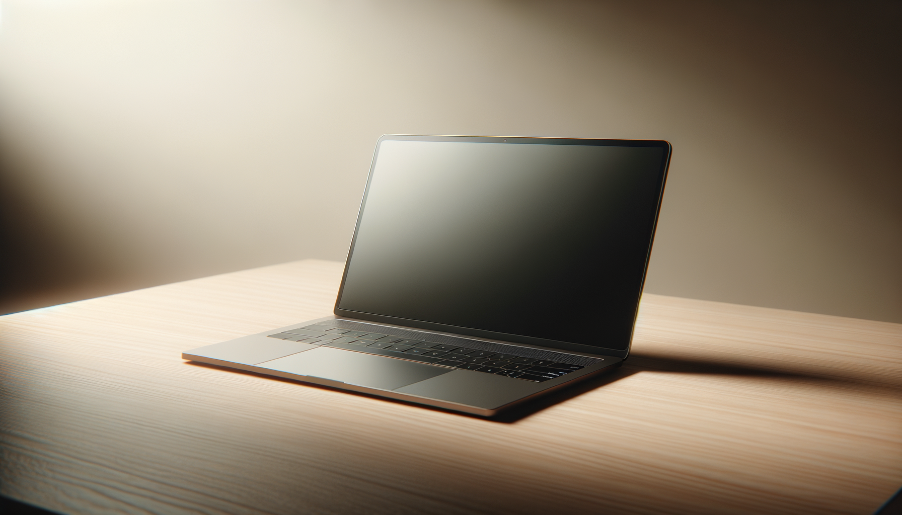A sleek silver laptop with a black screen and keyboard on a light wooden surface, with sunlight casting a shadow to the right.
