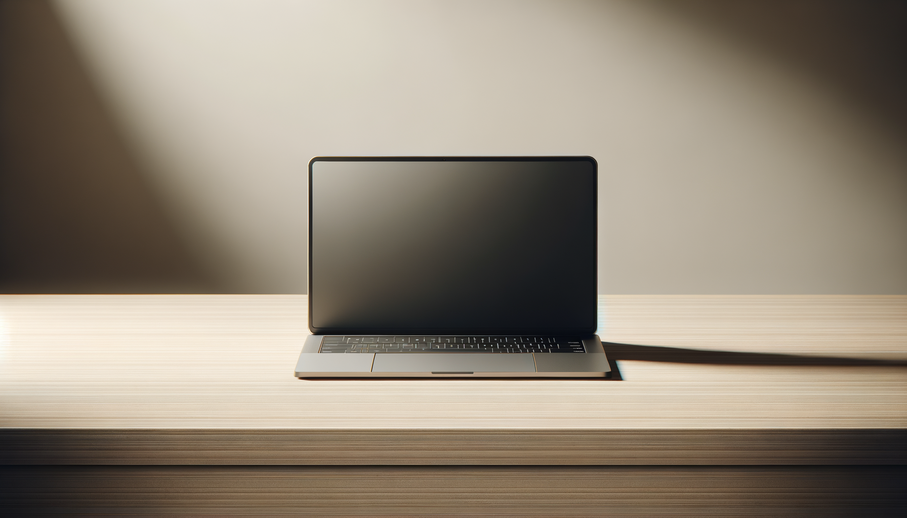 A laptop with a black screen, silver body, and a keyboard, placed on a light-colored wooden surface, with a light-colored wall in the background.