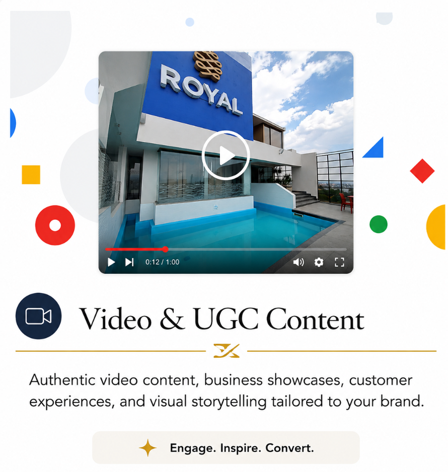 Video player displaying an outdoor pool area at a building with a large blue sign reading "ROYAL" and a logo above it.