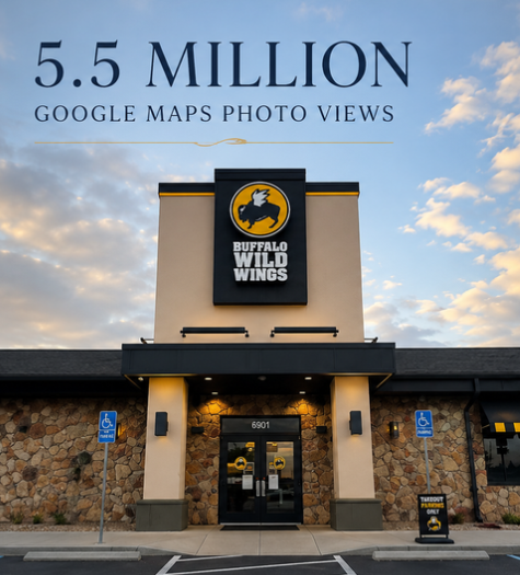 Exterior view of a Buffalo Wild Wings restaurant with a sign showing 5.5 million Google Maps photo views, with a cloudy sky in the background.