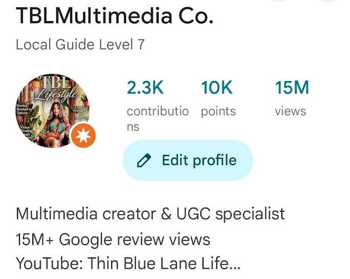 Profile page of TBL Multimedia Co. on a social media platform, showing 2.3K contributions, 10K points, 15M views, with an option to edit the profile. The profile picture features a woman in a vibrant outfit with background elements in warm colors.