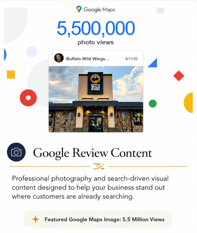 Google Maps celebrating 5.5 million photo views of a Buffalo Wild Wings restaurant with a photo of the exterior showing the building and sign, and promotional text about Google review content.