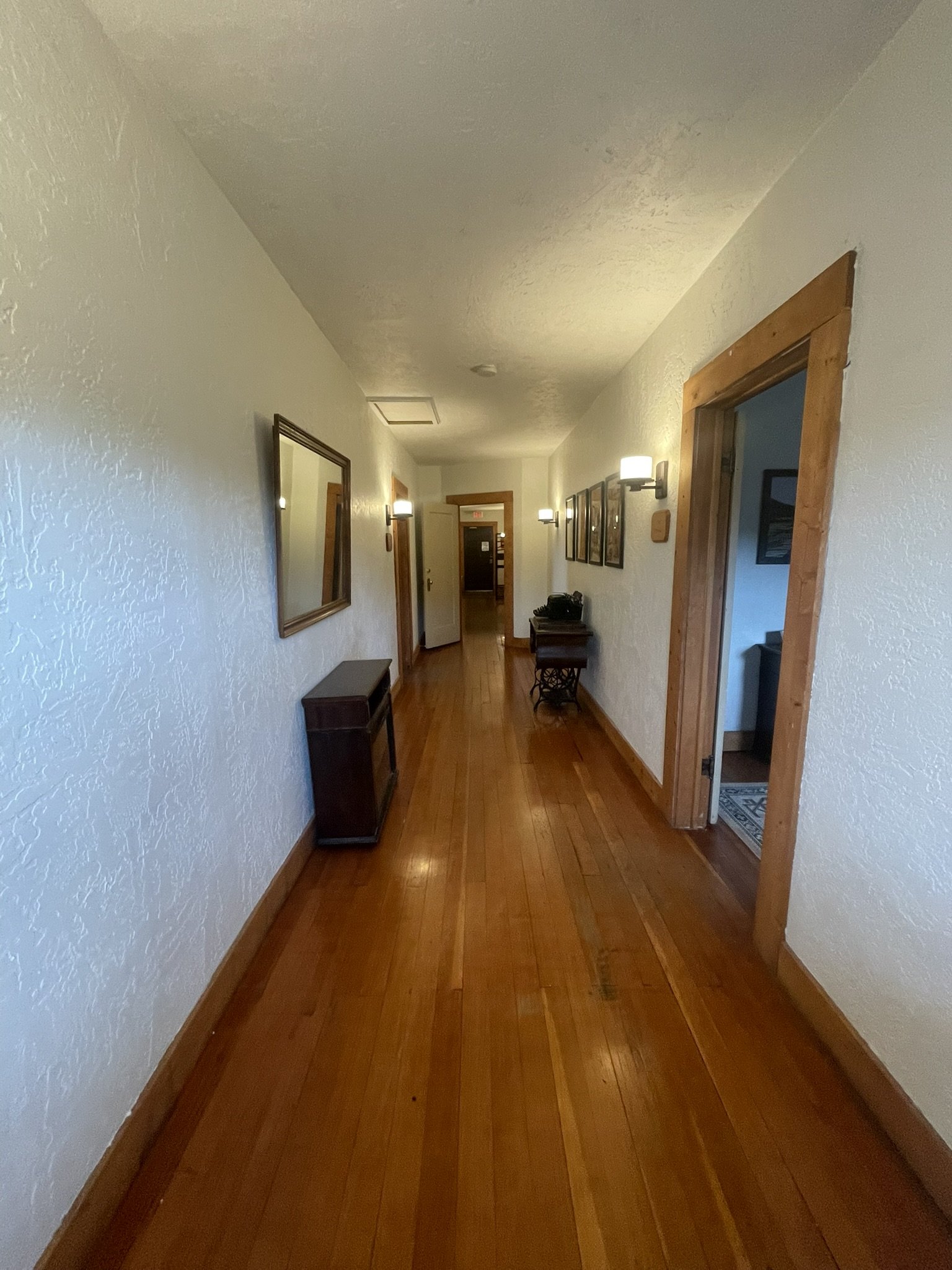 The historic hallway in the upstairs landing of the historic Spruce Lodge in South Fork, CO.