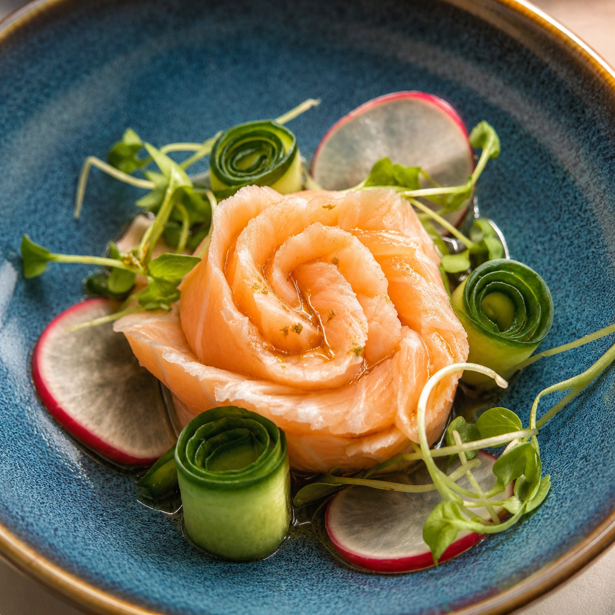Precision-carved Atlantic salmon petals arranged in a stunning rose presentation, marinated in a citrus-ponzu. Accompanied by cucumber ribbons and wafer-thin radish for an elegant, garden-inspired masterpiece.