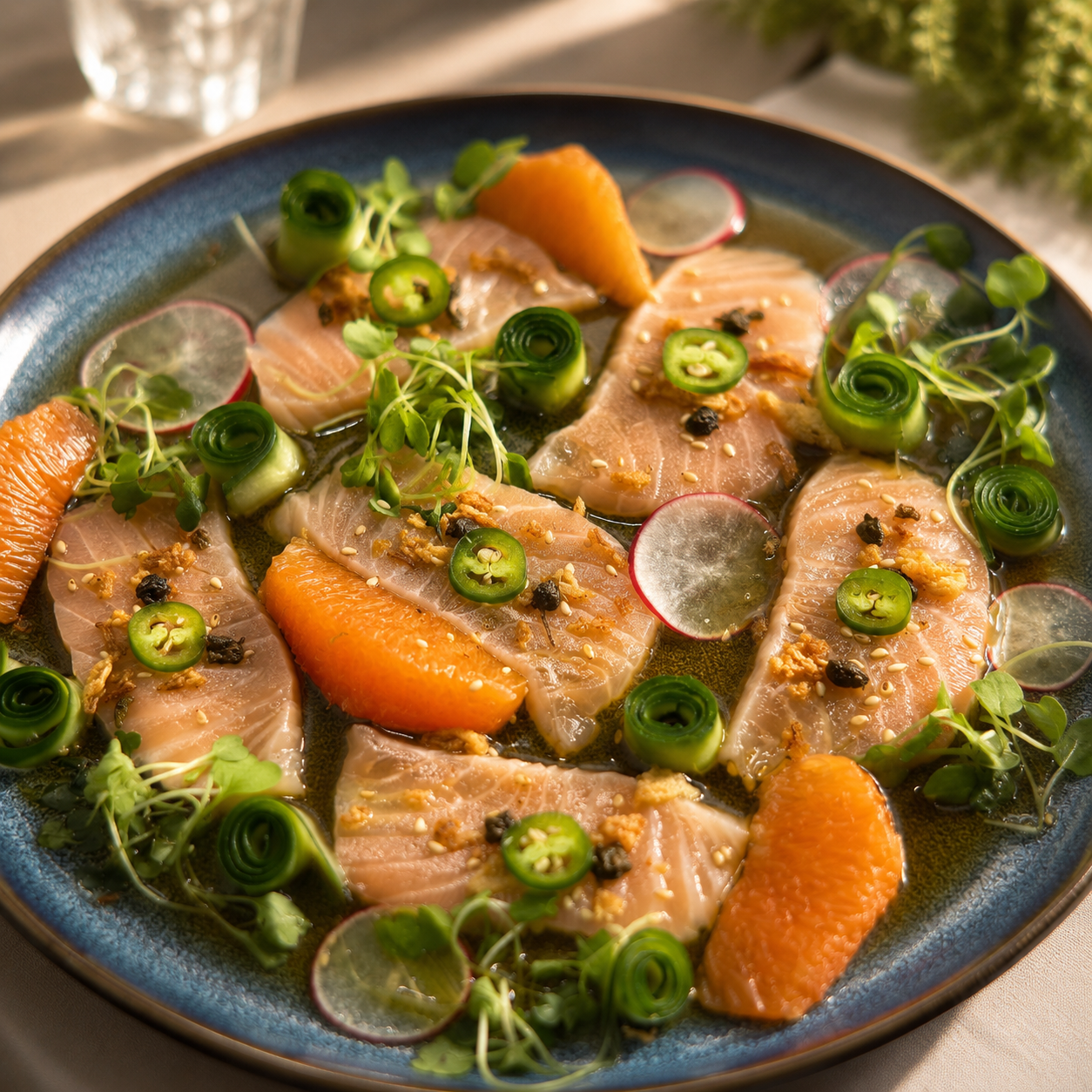 Thinly sliced salmon crudo served with a bright orange-lemon ponzu, layered with citrus segments and crisp cucumber for freshness. Finished with shaved radish, Serrano chile, toasted sesame seeds, and fried capers for salt and crunch, then lifted wit